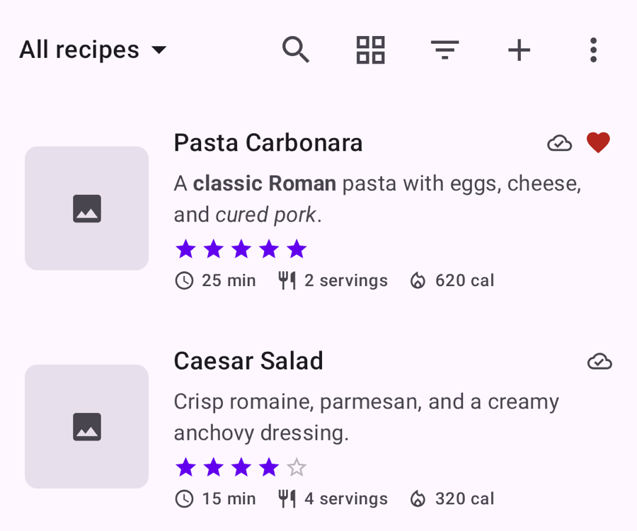 Chef Mate+ recipe list with ratings, cook times, and calories