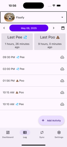 Wolfpack+ activity log showing a day of logged events for a dog